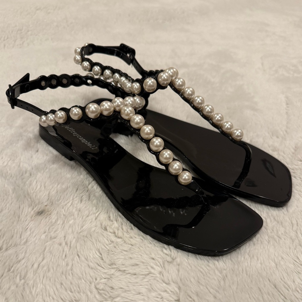 Jeffrey Campbell Black Patent T-Strap Sandals with Pearls